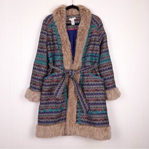 Sundance embroidered Tatou faux fur collar belted open front long coat boho - Picture 2 of 11
